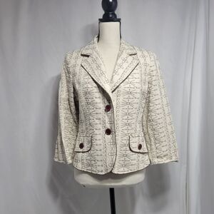 Jones Wear Cream Linen Blazer Brown Embroidery Fully Lined Size 10